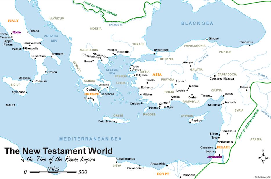 Map of the New Testament world showing Paul's missionary regions: Galatia, Asia, Macedonia, Achaia, Israel.